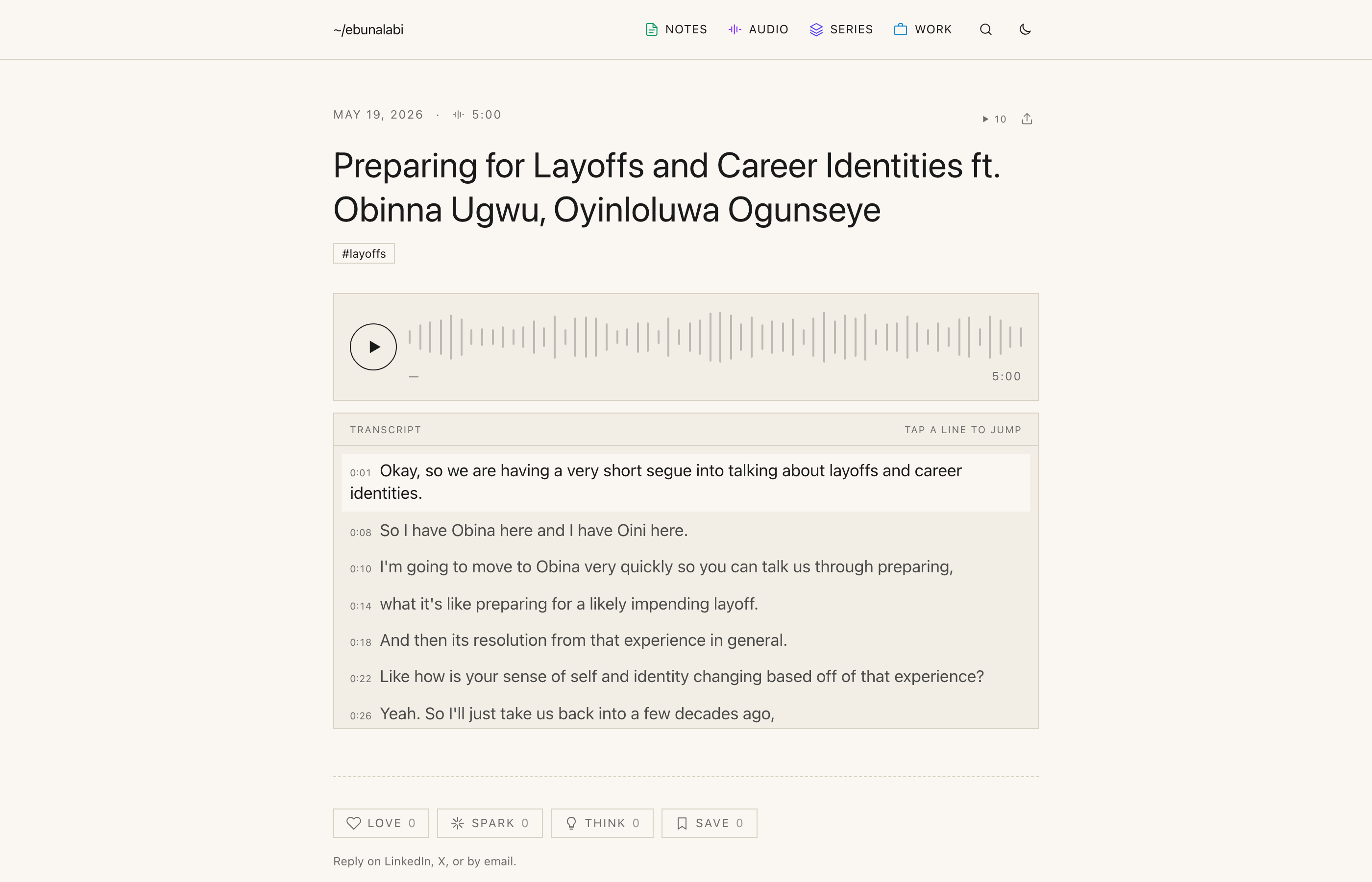 Audio post page header with a play count of 10 displayed as a small monospace number next to the share icon, above the post title and the audio player.